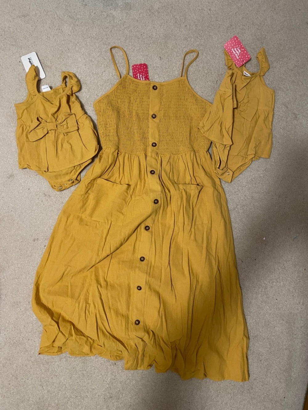 PatPat Mustard Yellow Girls' Sundress w/Matching Baby Rompers mommy & me all 3